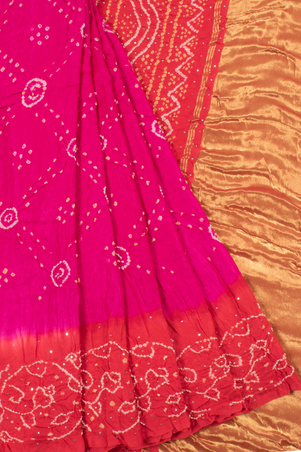 Handcrafted Bhandhani Gajji Silk Saree with Shikari Design and Tissue Pallu
