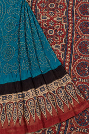 Handcrafted Ajrakh Printed Bhandhani Gajji Silk Saree 