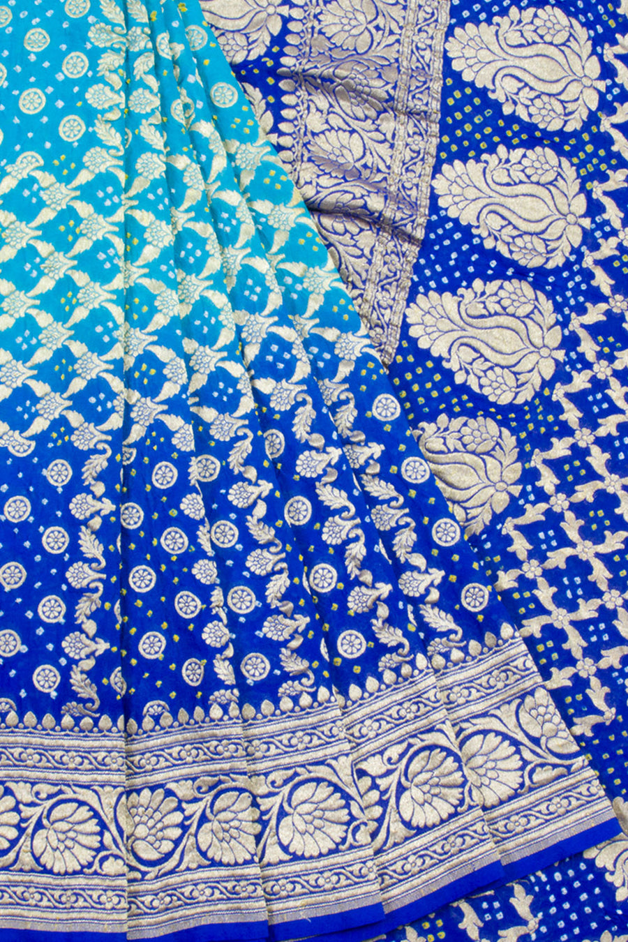 Handwoven Banarasi Bandhani Georgette Saree With Floral Design and Floral Border
