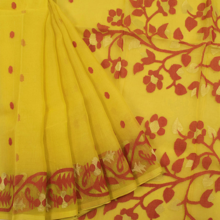 Handwoven Jamdani Muslin Silk Saree with Floral Zari Design and Without Blouse
