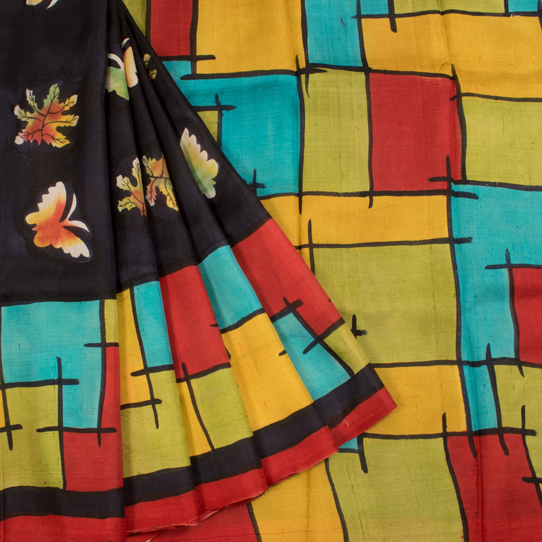 Hand Painted Bishnupuri Silk Saree with Butterfly Leaf Motifs and Multi Colour Abstract Border and Pallu 