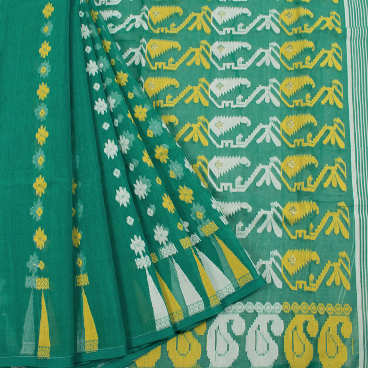 Handloom Jamdani Style Bengal Cotton Saree with Floral Motifs and Without Blouse