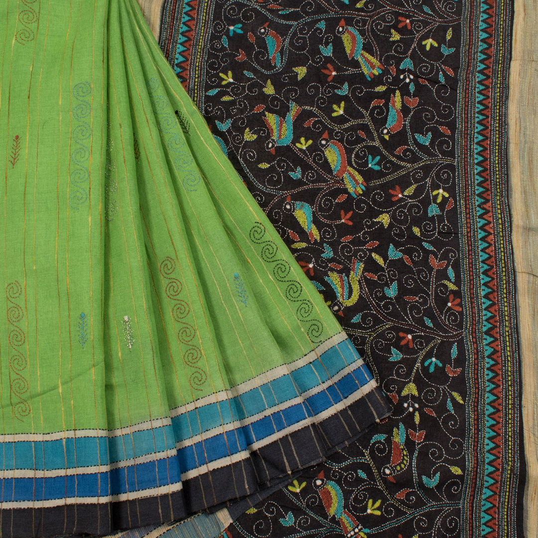 Handwoven Kantha Embroidered Tussar Silk Saree with Geecha Stripes and Bird Embroidery Pallu