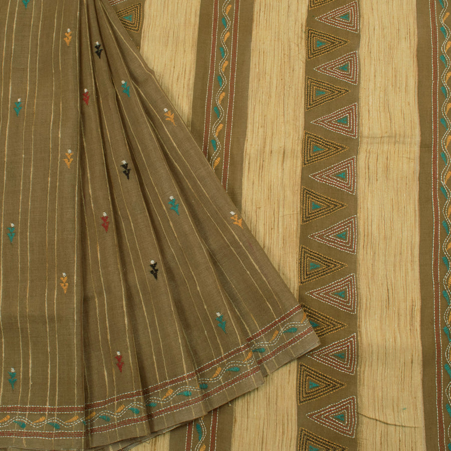 Handwoven Kantha Embroidered Tussar Silk Saree with Geecha Stripes and Floral Motifs