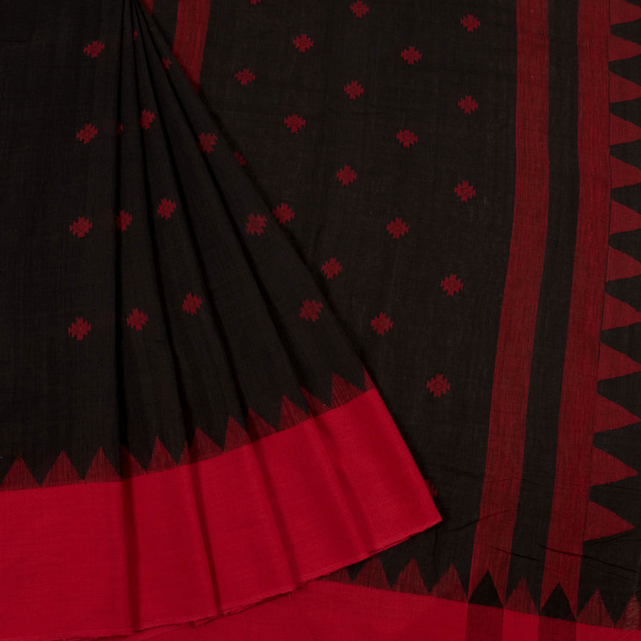 Handwoven Bengal Cotton Saree with Geometric Motifs and Temple Border