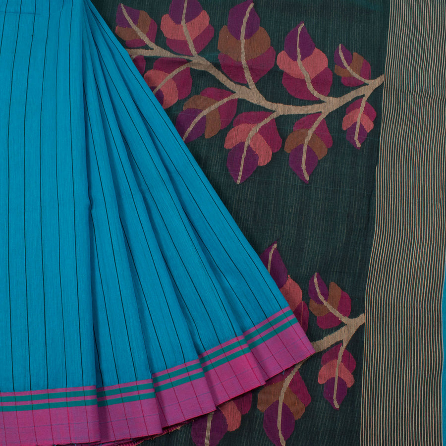 Handwoven Bengal Silk Cotton Saree with Stripes Design and Floral Jamdani Style Pallu