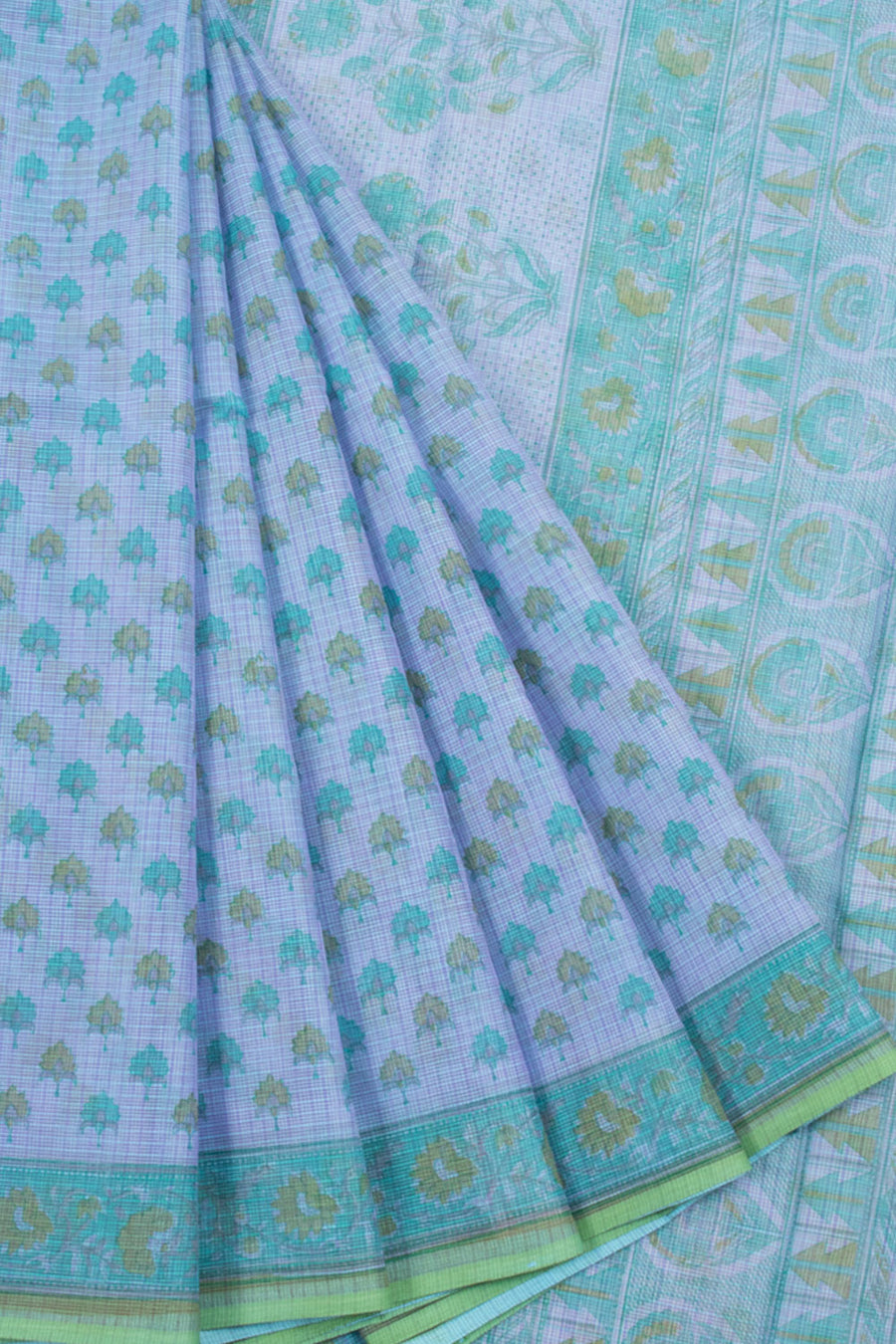 Bluish Violet Hand Block Printed Kota Cotton Saree with Floral Motifs, Floral Border and without Blouse