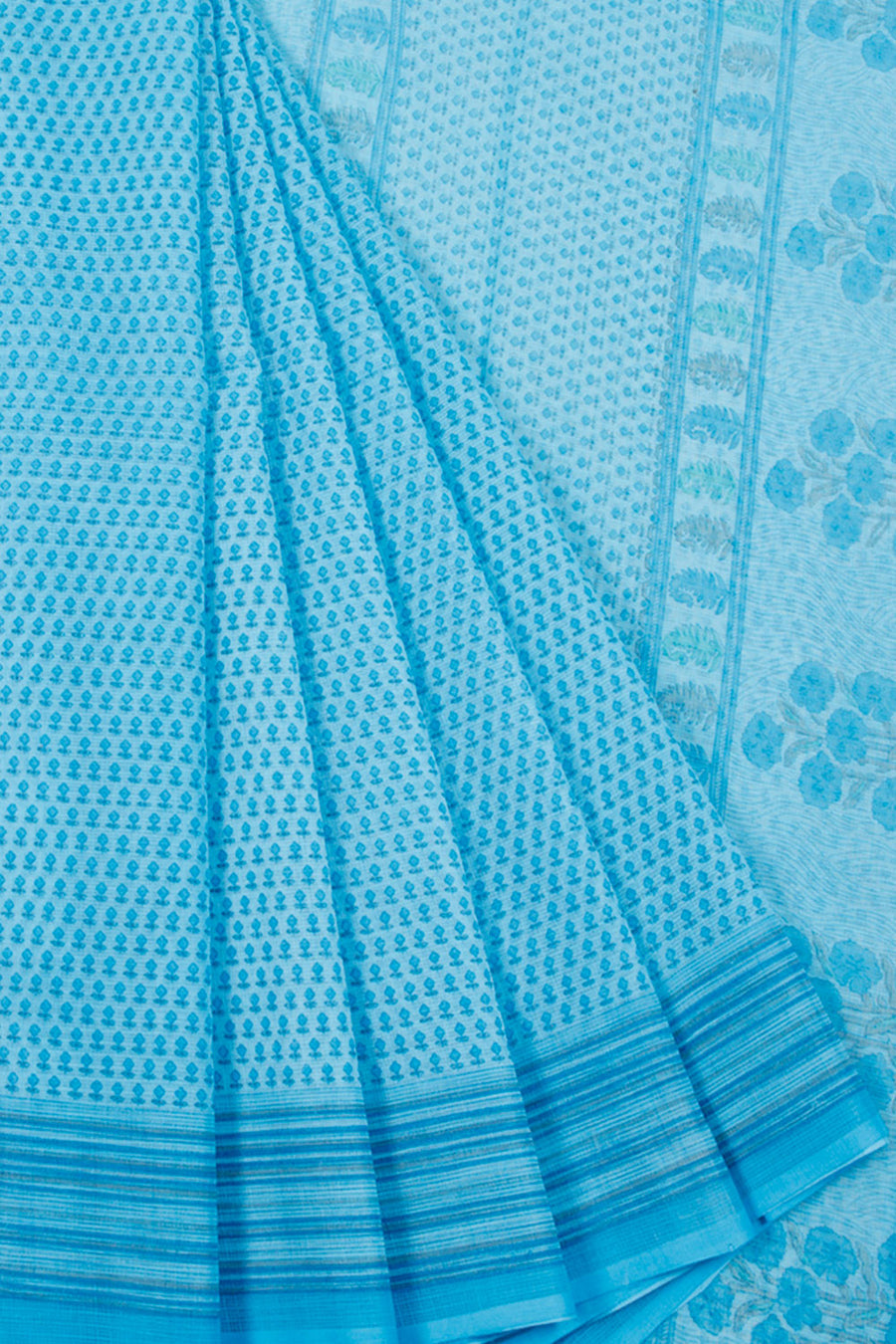 Blue Hand Block Printed Kota Cotton Saree with allover Floral Design, Floral Pallu and without Blouse