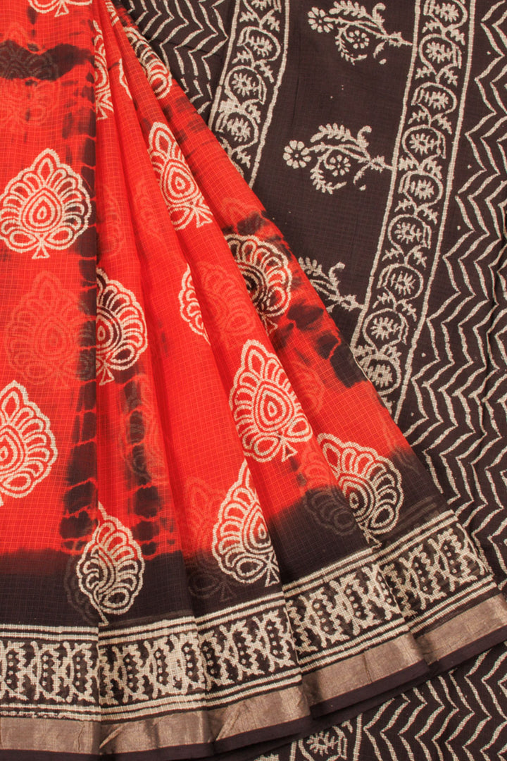 Red Hand Block Printed and Shibori Printed Kota Cotton Sarees with Floral Motifs and Floral Pallu