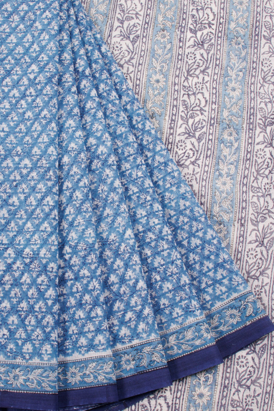 Blue Hand Block Printed Kota Cotton Sarees with allover Floral Designs and Floral Pallu