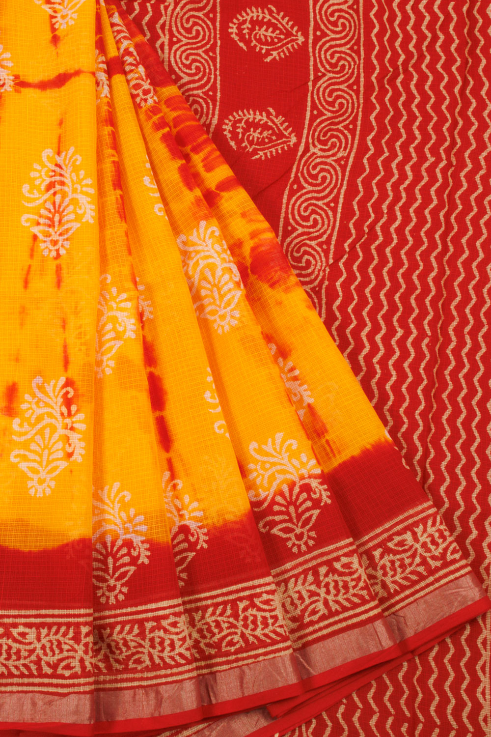 Yellow Hand Block Printed and Shibori Printed Kota Cotton Saree with Floral Motifs and Floral Pallu