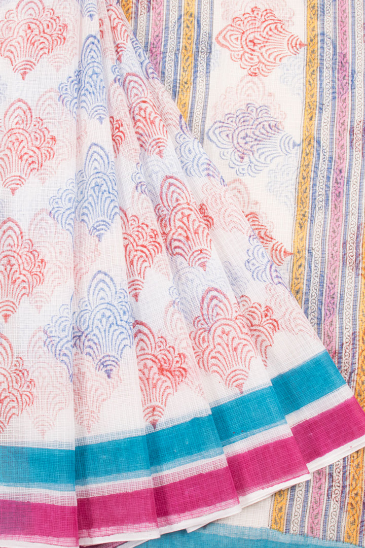 White Hand Block Printed Kota Cotton Sarees with Floral Motifs, Floral Pallu and without Blouse