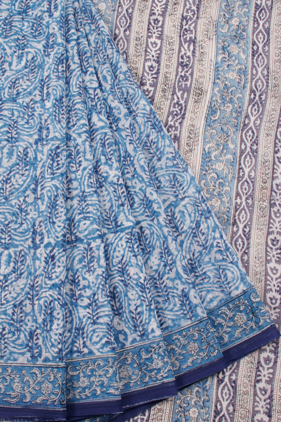 Blue Hand Block Printed Kota Cotton Saree with allover Floral Designs and Floral Pallu