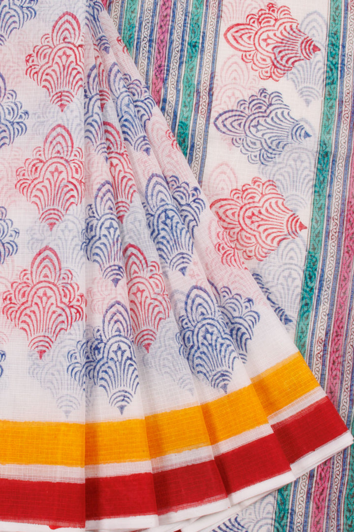 Hand Block Printed Kota Cotton Sarees with Floral Motifs, Floral Pallu and without Blouse