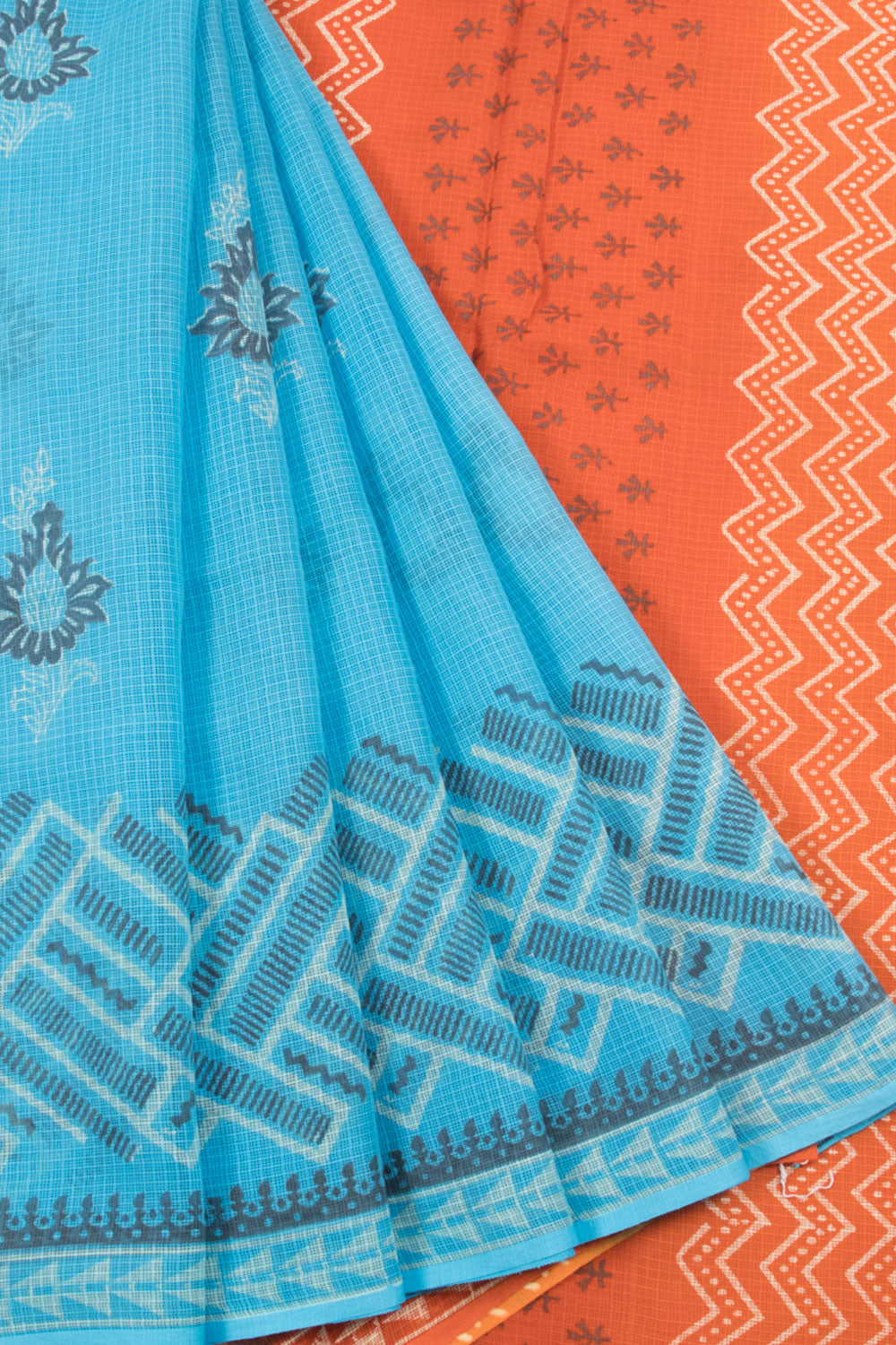 Blue Hand Block Printed Kota Cotton Saree with Floral Motifs and Floral Pallu