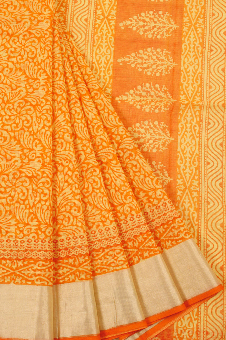 Orange Hand Block Printed Kota Cotton Sarees with allover Floral Designs and Floral Pallu