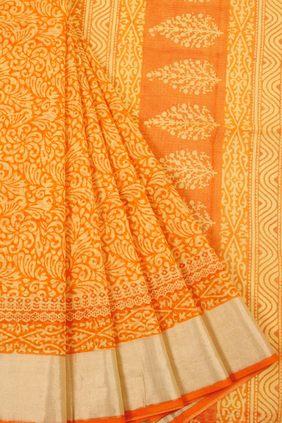 Orange Hand Block Printed Kota Cotton Sarees with allover Floral Designs and Floral Pallu