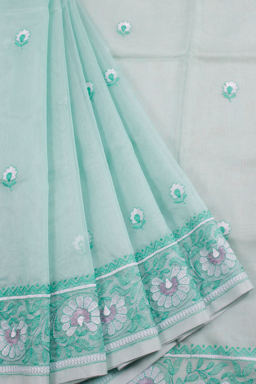 Embroidered Kota Silk Cotton Saree with Floral Motifs and without Blouse 