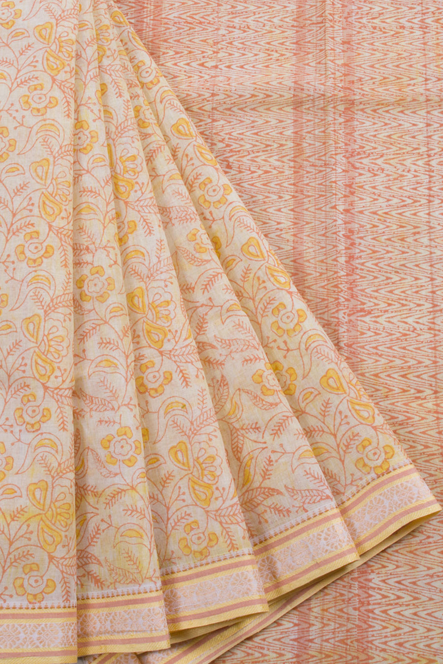 Hand Block Printed Cotton Saree with Floral Motifs and Without Blouse