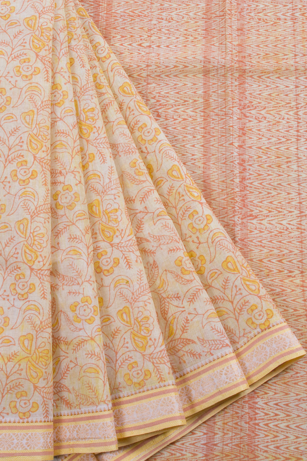 Hand Block Printed Cotton Saree with Floral Motifs and Without Blouse