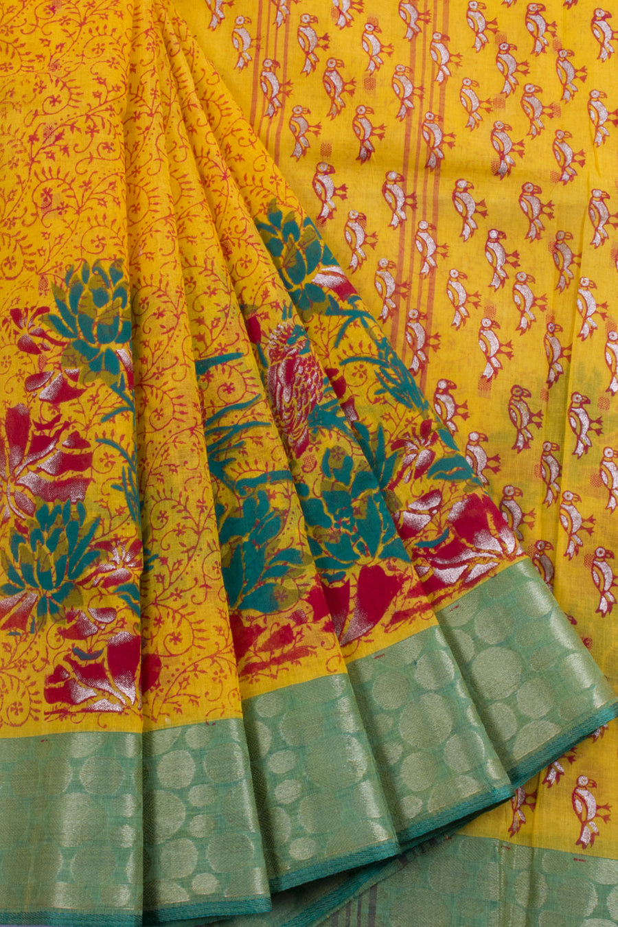 Hand Block Printed Cotton Saree with Allover Floral Design and Without Blouse 