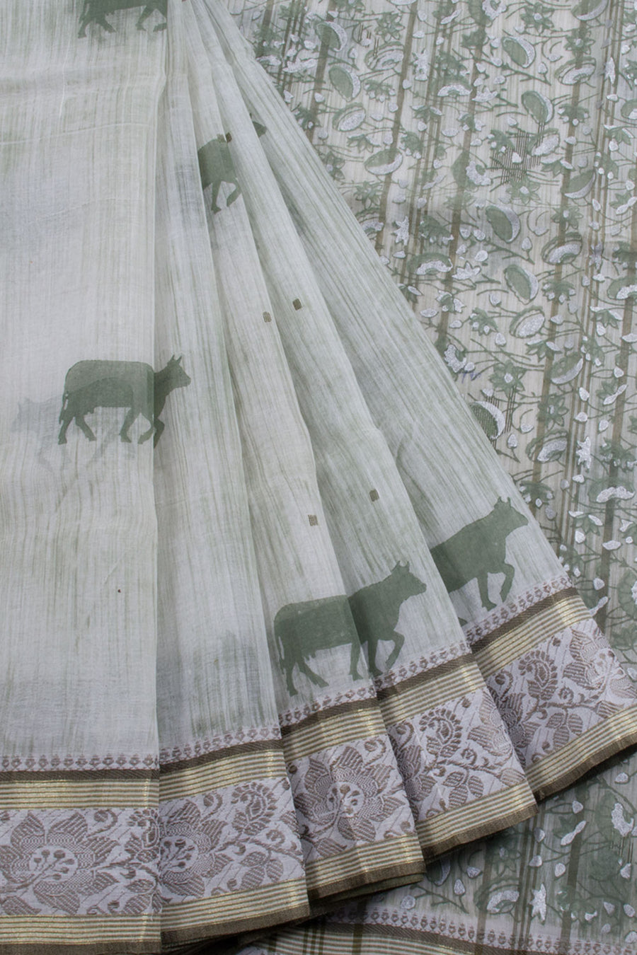 Hand Block Printed Cotton Saree with Cow Motifs and Without Blouse
