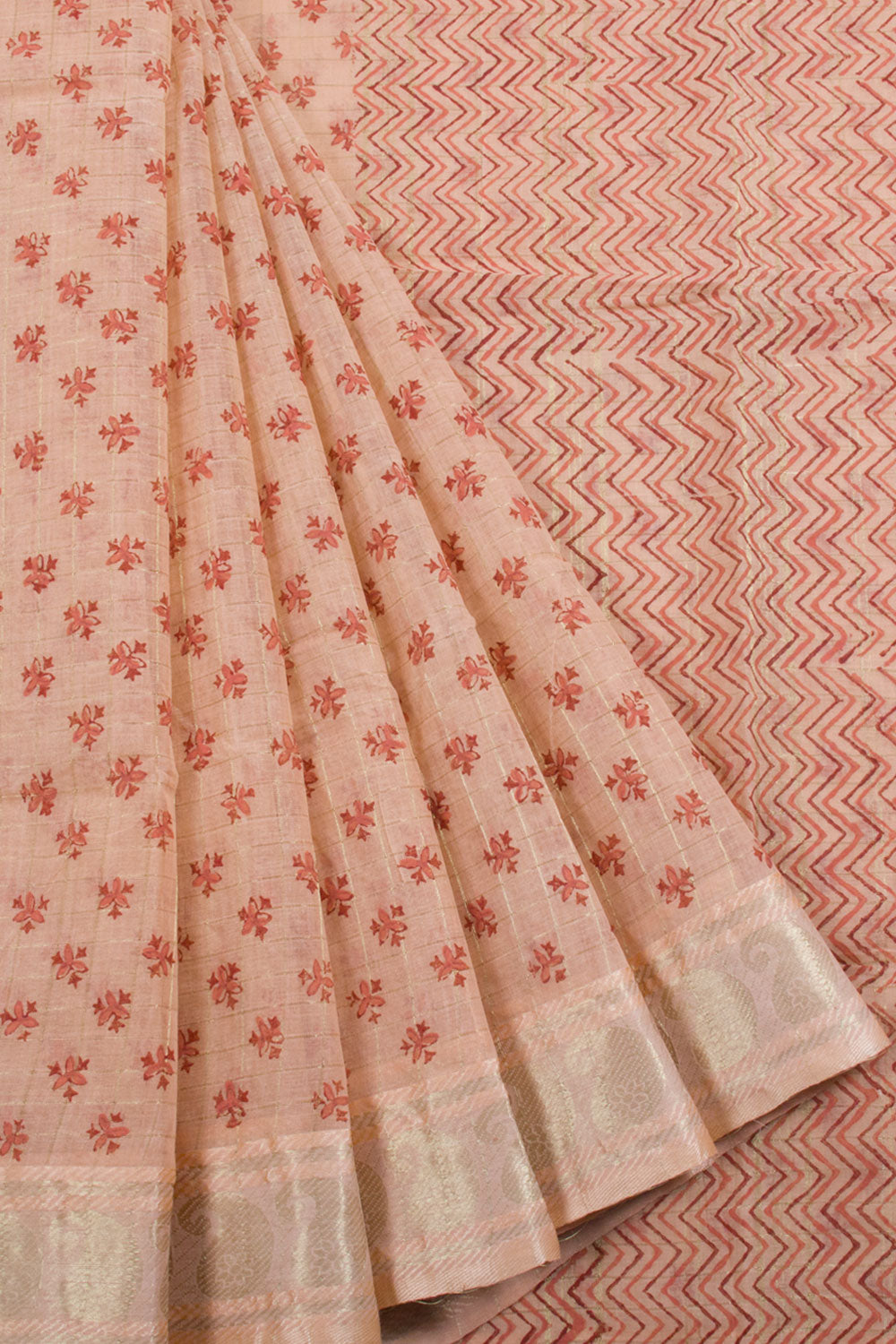 Hand Block Printed Cotton Saree with Allover Floral Design and Without Blouse