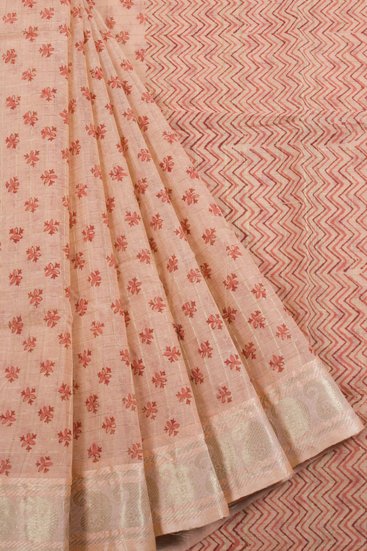 Hand Block Printed Cotton Saree with Allover Floral Design and Without Blouse