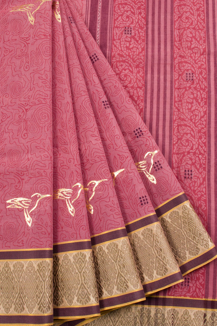 Hand Block Printed Cotton Saree with Allover Floral Design, Metallic Prints and Without Blouse