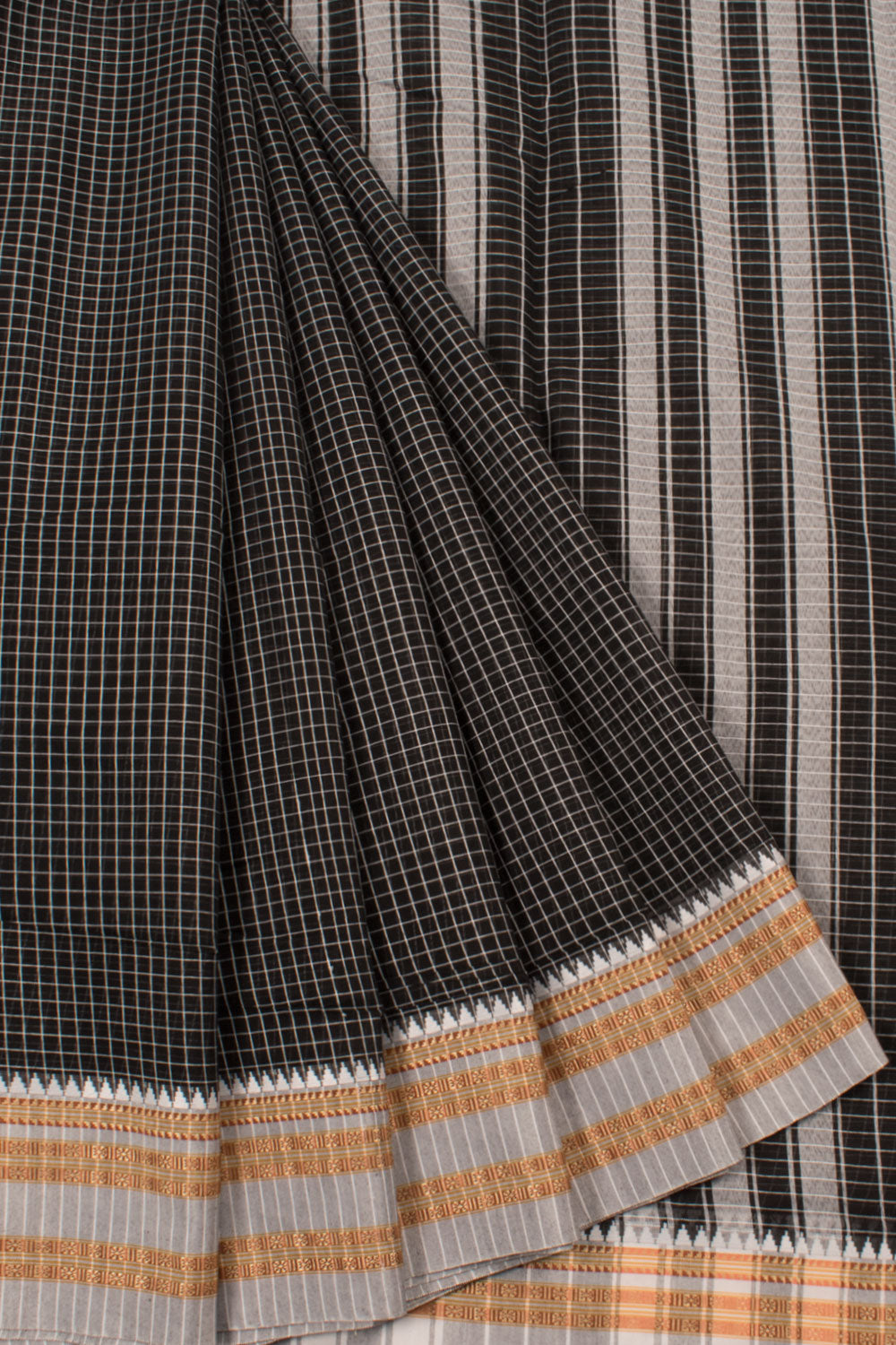 Handloom Silk Cotton Saree with Check Design and Temple Border