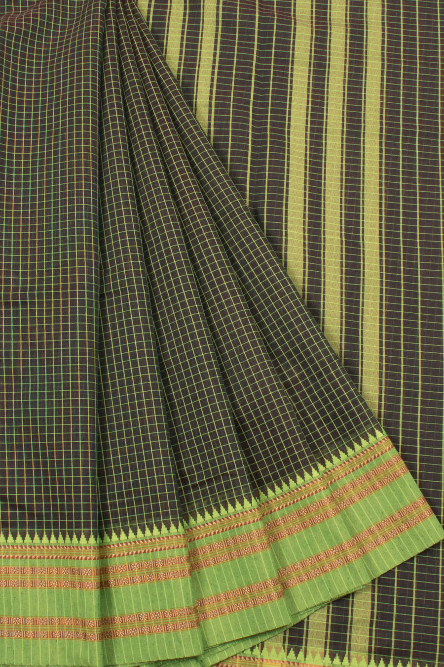 Handloom Silk Cotton Saree with Check Design and Temple Border