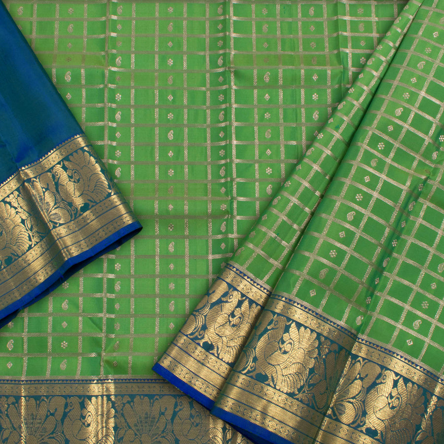 1 Year Size Handwoven Kanjivaram Silk Pattu Pavadai Material With Checks Design And Peacock Border 