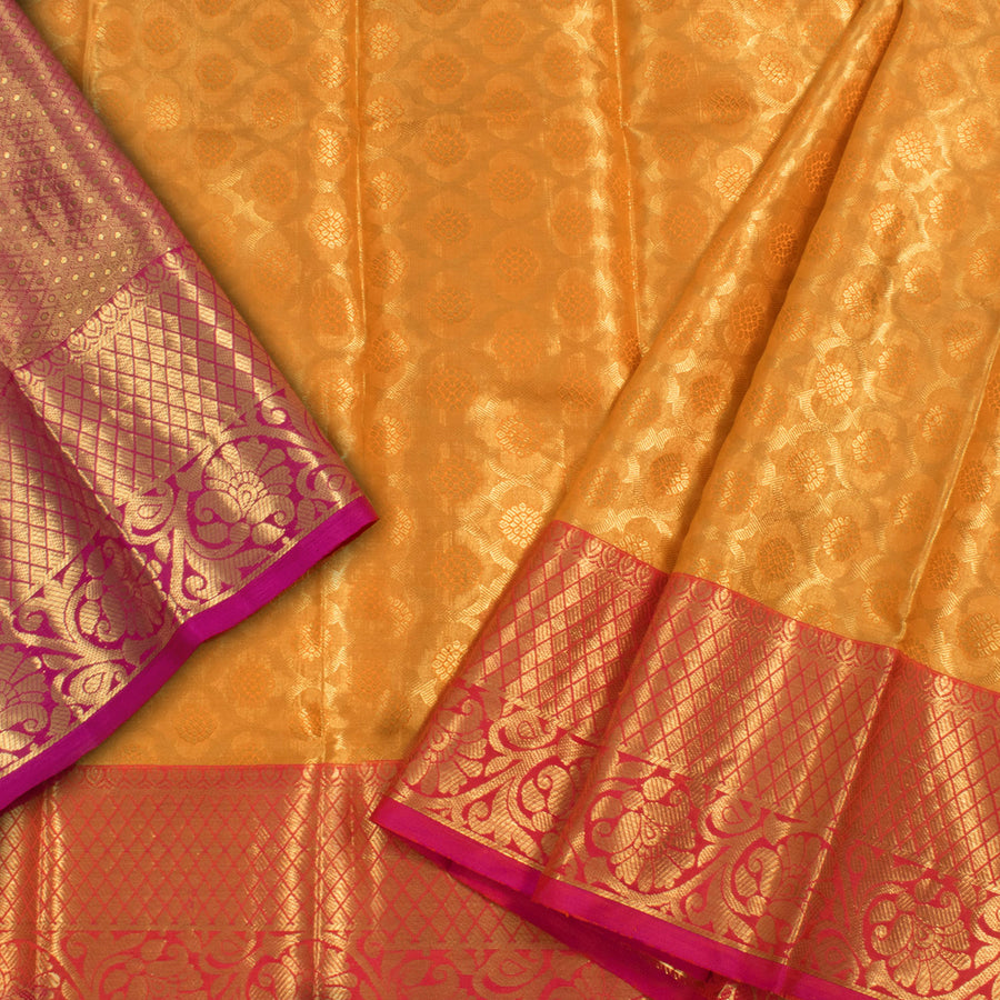 1 Year Size Handwoven Kanjivaram Silk Pattu Pavadai Material With Floral Motifs And Diamond Border