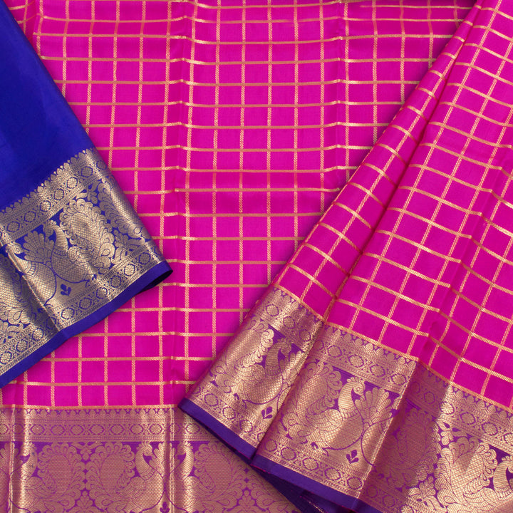 1 Year Size Handwoven Kanjivaram Silk Pattu Pavadai Material With Checks Design And Peacock Border