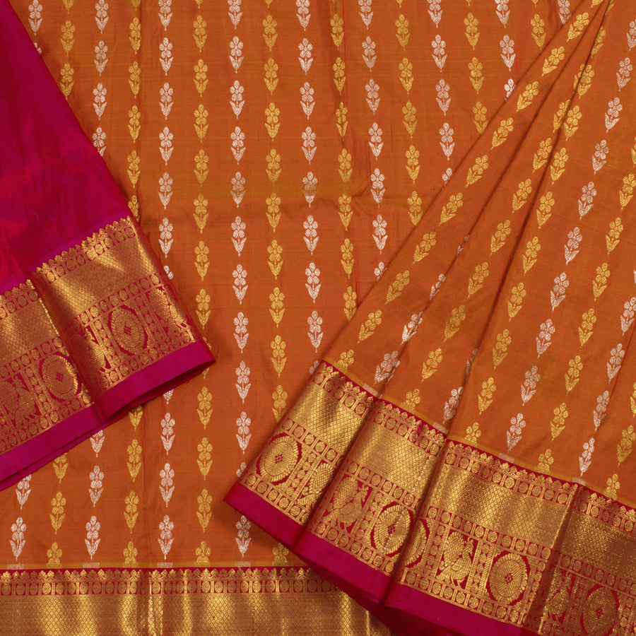 2 To 4 Years Handwoven Pure Zari Kanjivaram Silk Pattu Pavadai Material With Floral Motifs and Kuyil Kann Border 