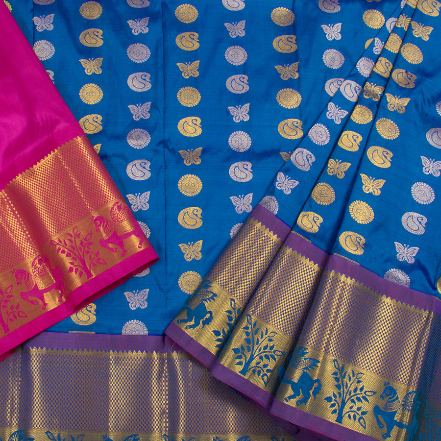 Universal Size Handwoven Pure Zari Korvai Kanjivaram Tissue Silk Pattu Pavadai Material With Lotus Motif and Peacock Border
