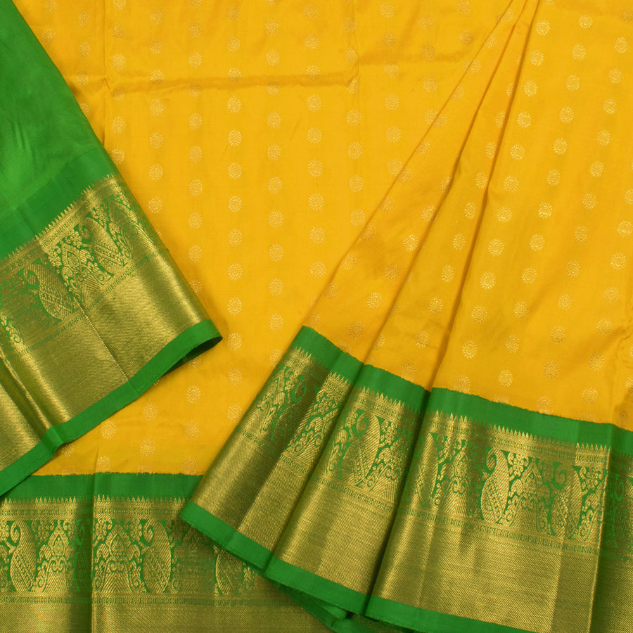 5 To 9 Years Handwoven Pure Zari Korvai Kanjivaram Silk Pattu Pavadai Material With Floral Motifs and Paisley Bavanji Border