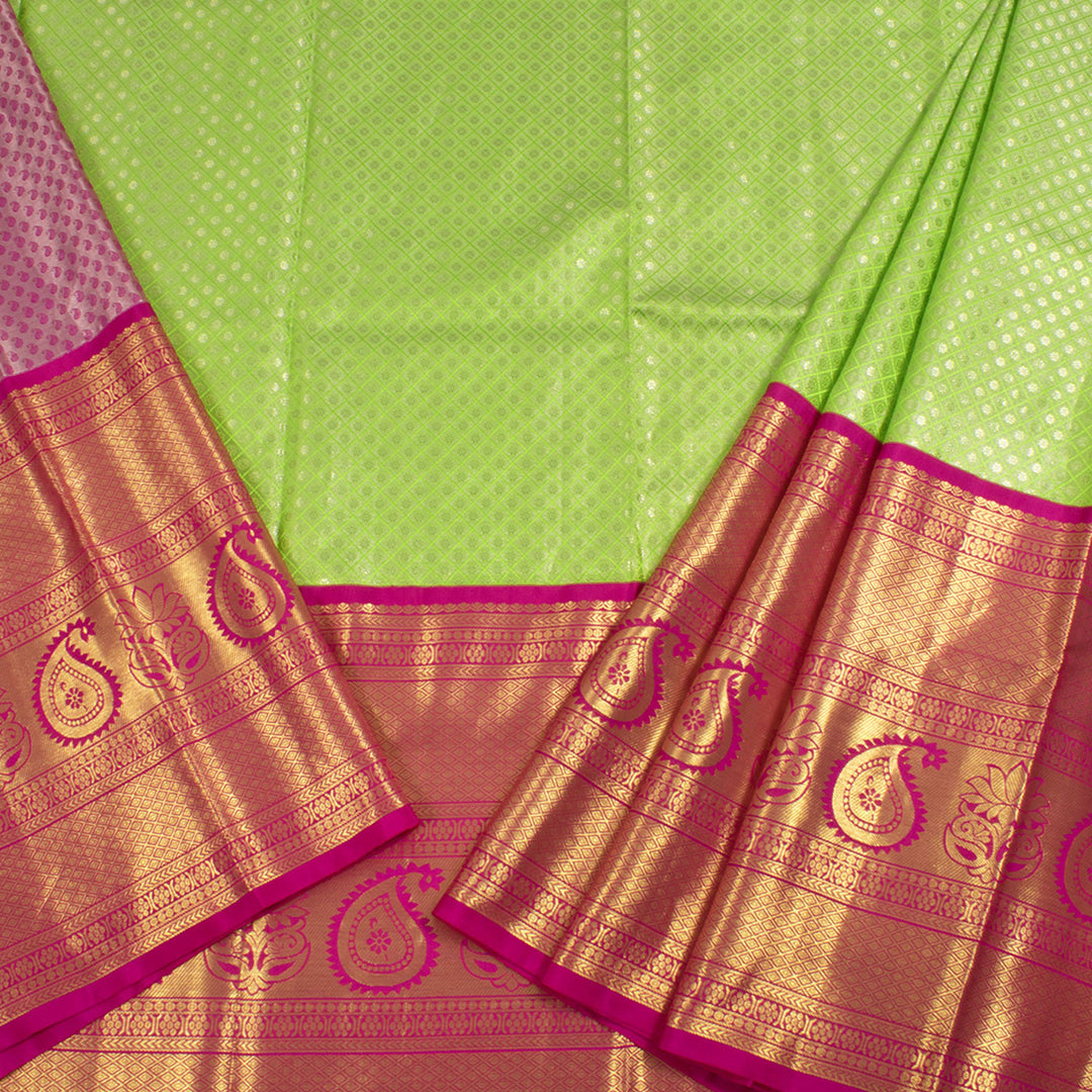 Universal Size Handwoven Pure Zari Korvai Kanjivaram Tissue Silk Pattu Pavadai Material With Floral Paisley Motifs and Kuyil Kann Border