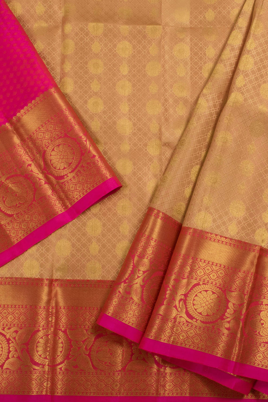 2 to 4 Year Size Handloom Pure Zari Kanjivaram Silk Pattu Pavadai Material with Floral Motifs and Mayil Chakram Border 