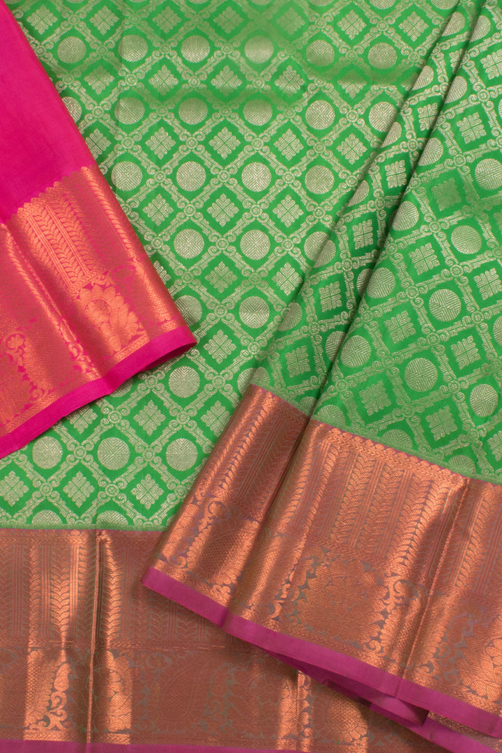 2 to 4 Year Size Handloom Pure Zari Kanjivaram Silk Pattu Pavadai Material with Silver Zari Trellis Design, Rudhraksham Motifs and Copper Tone Paisley Zari Border