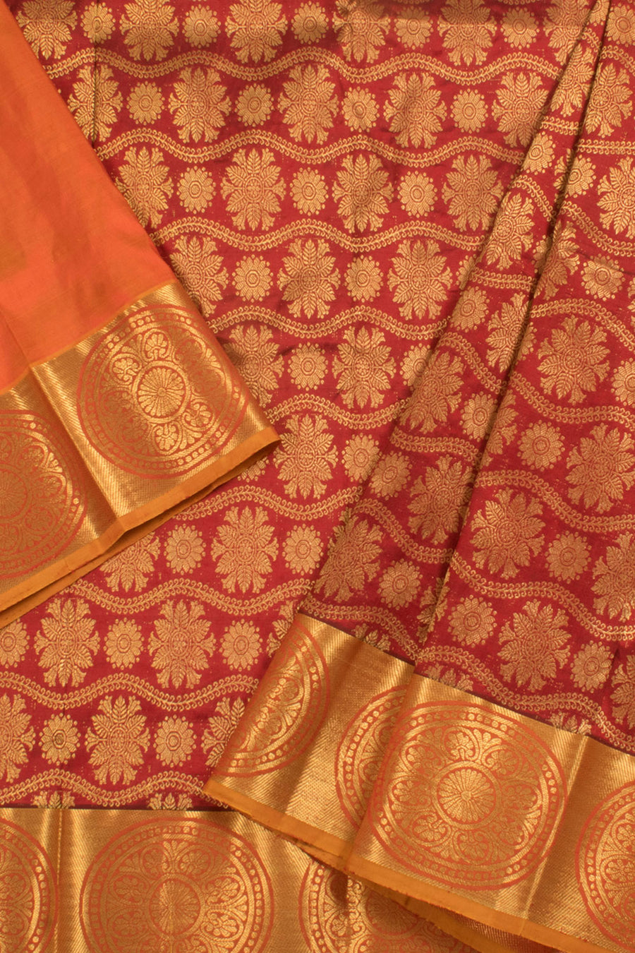 2 to 4 Year Size Handloom Pure Zari Kanjivaram Silk Pattu Pavadai Material with Floral Motifs and Chakram Border