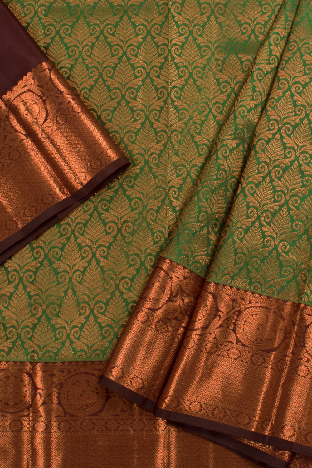 2 to 4 Year Size Handloom Pure Zari Kanjivaram Silk Pattu Pavadai Material with Copper Tone Zari Floral Motifs and Mayil Chakram Border