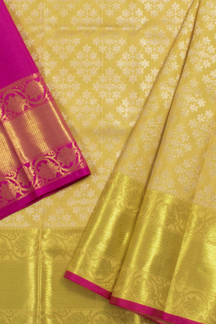 1 Year Size Handloom Pure Zari Kanjivaram Silk Pattu Pavadai Material with Silver Zari Floral Motifs and Bavanji Border