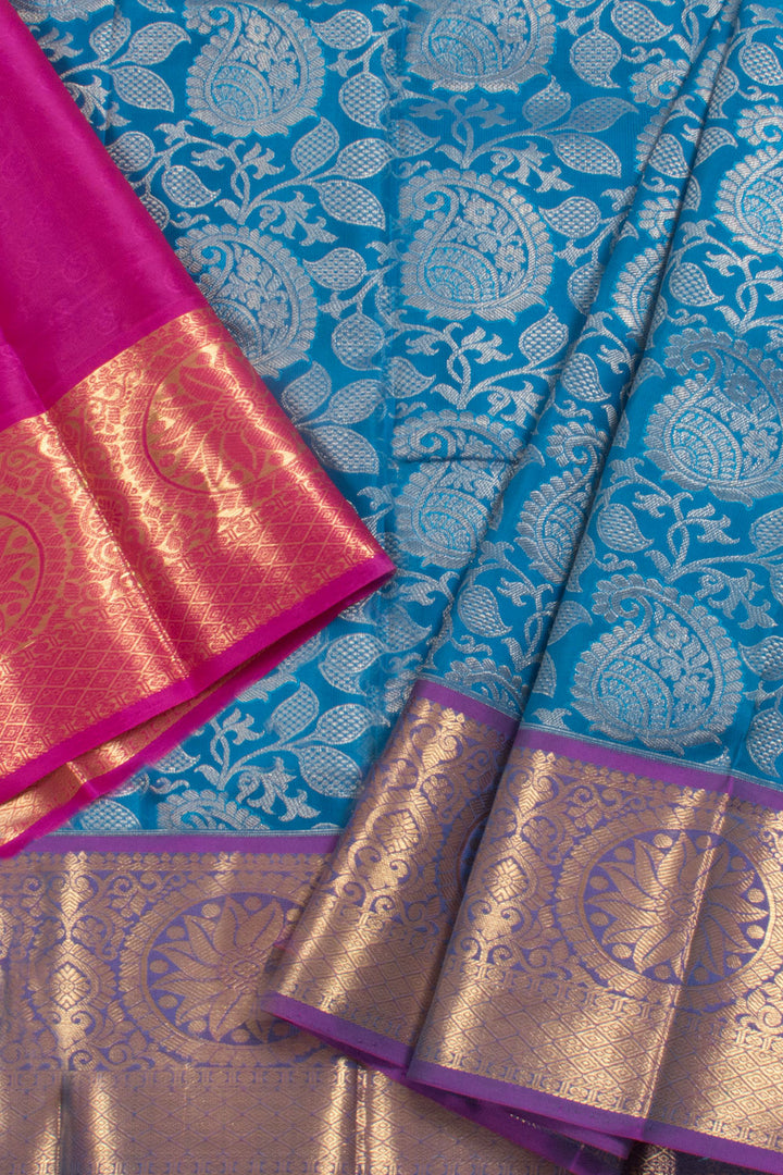 1 Year Size Handloom Pure Zari Kanjivaram Silk Pattu Pavadai Material with Silver Zari Paisley Motifs and Chakram Border