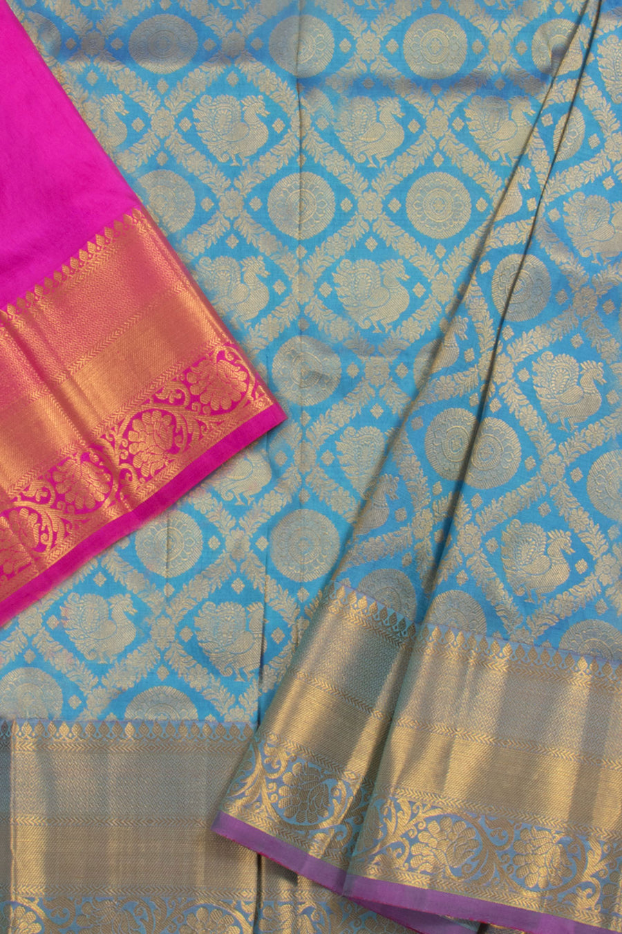 2 To 4 Year Size Handloom Pure Zari Kanjivaram Silk Pattu Pavadai Material with Kodimalar, Mayil Chakram Design and Kuyil Kann Salangai Border