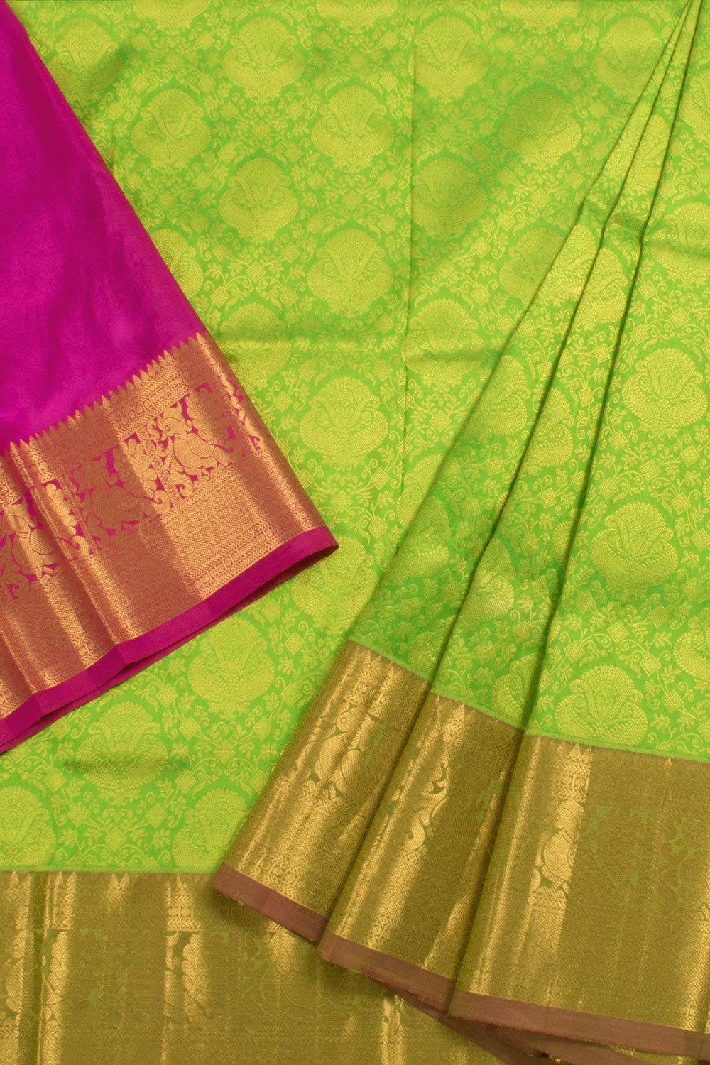 5 to 9 Year Size Handloom Pure Zari Kanjivaram Silk Pattu Pavadai Material with Floral Design and Peacock Border 