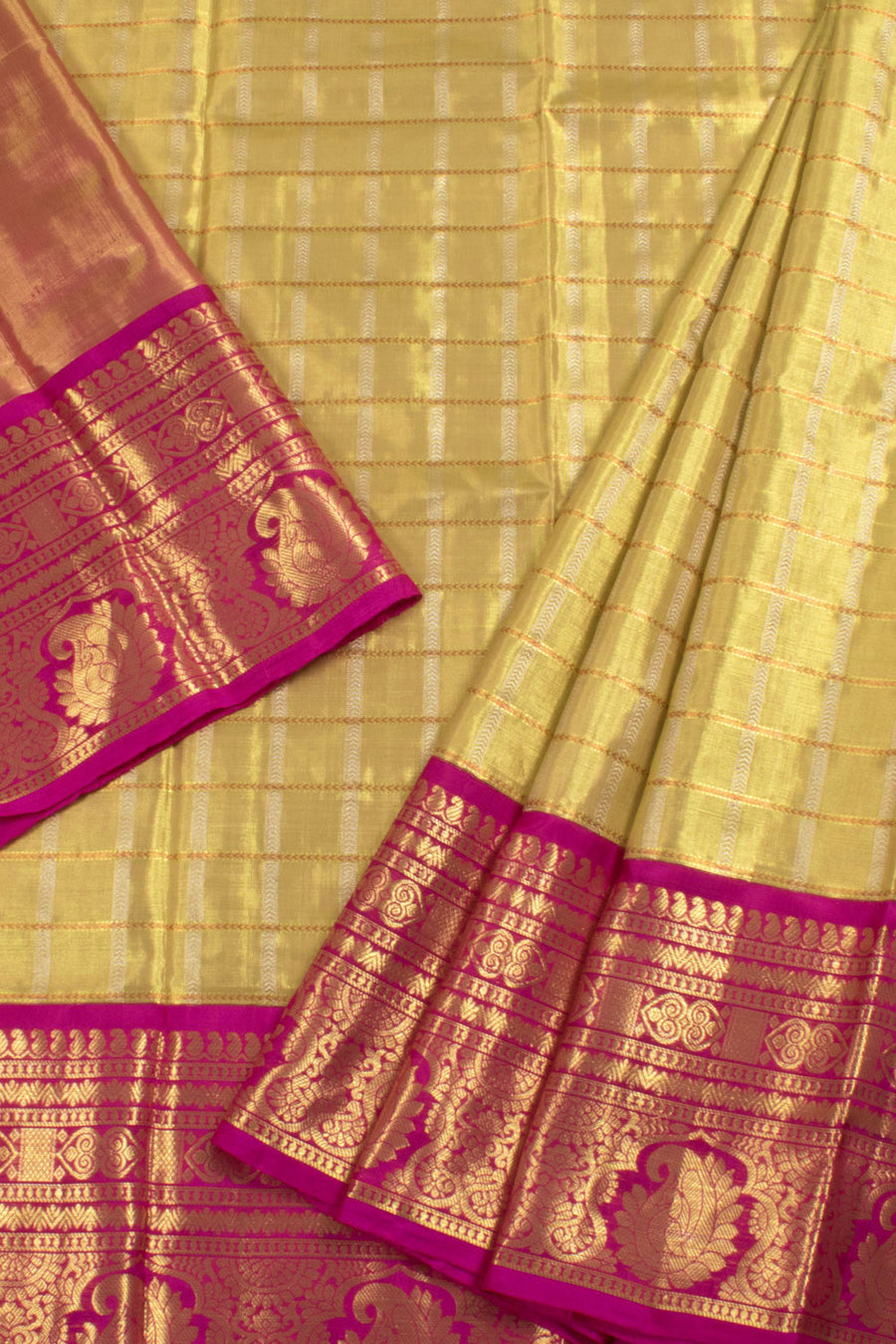 5 to 9 Year Size Handloom Pure Zari Kanjivaram Tissue Silk Pattu Pavadai Material with Checks Design and Peacock Paisley Border