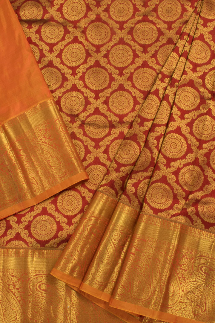 5 to 9 Year Size Handloom Pure Zari Kanjivaram Silk Pattu Pavadai Material with Trellis Design, Chakram Motifs and Paisley Border