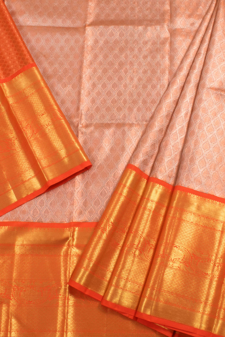5 to 9 Year Size Handloom Pure Zari Kanjivaram Tissue Silk Pattu Pavadai Material with Trellis Design and Floral Kuyil Kann Border
