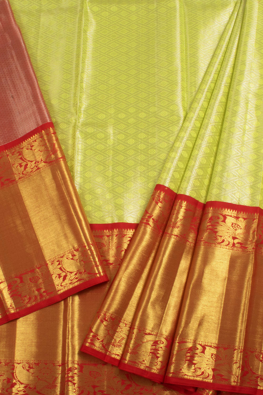 Universal Size Handloom Pure Zari Kanjivaram Tissue Silk Pattu Pavadai Material with Twill Weave Design, Floral Motifs and Bavanji Border